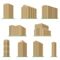 Set of nine modern high-rise building on a white background