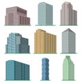 Set of nine modern high-rise building on a white background