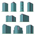 Set of nine modern high-rise building on a white background