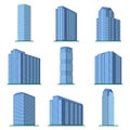 Set of nine modern high-rise building on a white background.