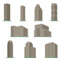 Set of nine modern high-rise building on a white background.