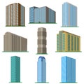 Set of nine modern high-rise building on a white background.