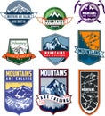 Set of nine mountain travel emblems. Camping climbing outdoor adventure emblems, badges and logo. Mountain tourism, hiking, mounta