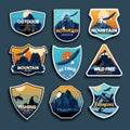 Set of nine mountain travel emblems. Camping outdoor adventure emblems, badges and logo patches