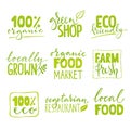 Set of nine organic food logo with lettering. Healthy food hand drawn text combinations.