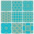 A set of nine patterns of turquoise with orange squares in diffe