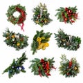 A set of nine photos on New Year`s theme: a Christmas wreath, compositions with candles and Christmas decorations, dried oranges Royalty Free Stock Photo