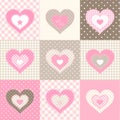 Set of nine pink hearts in country style, illustration