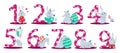 set of nine pink numbers and easter bunnies