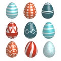 Set of nine realistic colorful vector Easter eggs with simple patterns and shadow on white background Royalty Free Stock Photo