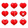 Set of nine red hearts isolated on white background. . Valentine s day vector collection. Love story symbol. Health medical flat Royalty Free Stock Photo
