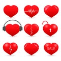 Set of nine red hearts isolated on white background. . Valentine s day vector collection. Love story symbol. Health medical flat Royalty Free Stock Photo