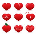 Set of nine red hearts isolated on white background. . Valentine s day vector collection. Love story symbol. Health medical flat Royalty Free Stock Photo