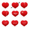 Set of nine red hearts isolated on white background. . Valentine s day vector collection. Love story symbol. Health medical flat Royalty Free Stock Photo