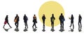 Set of nine silhouettes of different people with colored silhouettes of bags, briefcases, clothes or faces. Isolated