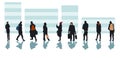 Set of nine silhouettes of different people with colored silhouettes of bags, briefcases, clothes or faces. Isolated