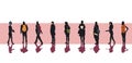 Set of nine silhouettes of different people with colored silhouettes of bags, briefcases, clothes or faces. Isolated