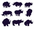 Set of nine silhouettes of rhinos