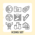 Set of nine simple icons including brain, document, settings, cloud, clock, server, lab flasks, key, and home for web Royalty Free Stock Photo