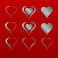 Set of nine simple isolated vector hearts with silver metallic pattern