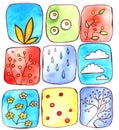 Set of nine simple multi-colored watercolor drawings on the theme of summer