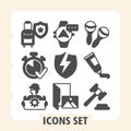 Set of nine simple vector icons featuring travel, security, tools, time, and tech concepts ideal for web and mobile Royalty Free Stock Photo