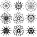 Set of nine spirograph elements. Flowers and snowflakes