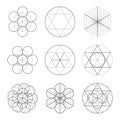 Set of nine symbols of sacred geometry. Linear character for tattoo black and dotted lines on the white