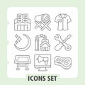Set of nine thin line icons representing desk, computer, shirt, tie, house, scissors, lamp, tools, and cloud storage Royalty Free Stock Photo