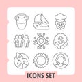 Set of nine thin line icons representing a vase, graph, chef, hands, atom, money, compass, gear, and speech bubble Royalty Free Stock Photo