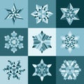 Set of Nine Vector Blue White SnowFlake Shapes Design Elements Royalty Free Stock Photo