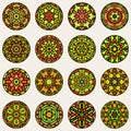 Set of Nine Vector Colorful Circular Floral Oriental Star Mandala Ornamental Pattern