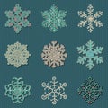 Set of Nine Vector Cute Sewn Knitted Snowflakes