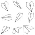 Set of nine vector illustrations of paper plane icons. Outline simple craft paper airplane isolated on white background Royalty Free Stock Photo