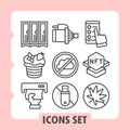 Set of nine vector line icons representing food, technology, cryptocurrency and finance concepts. Ideal for web design Royalty Free Stock Photo