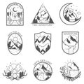 Set of nine vector mountain and outdoor adventures badges. Templates and badges with mountains, trees, tent