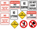 Set of No Dumping or Littering Signs Royalty Free Stock Photo