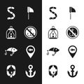 Set No fishing, Camping lantern, Worm, Fishing net with, lure, Location, Anchor and Inflatable boat icon. Vector