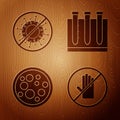 Set No handshake, Stop virus, Virus and Blood test and virus on wooden background. Vector