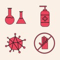Set No handshake, Test tube and flask, Bottle of liquid antibacterial soap and Virus icon. Vector