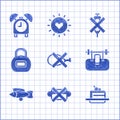 Set No meat, junk food, Cake, Bench with barbel, Fish, Kettlebell, doping syringe and Alarm clock icon. Vector
