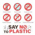 Set of no plastics sign. Environmental problem concept. Stroke outline style icon Royalty Free Stock Photo