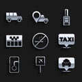 Set No Smoking, Airport, Location with taxi, City map navigation, Taximeter, Car key remote and icon. Vector