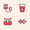 Set No Smoking, Blood pressure, Glass with water and Bench barbel icon. Vector