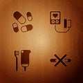 Set No Smoking, Vitamin pill, Toothbrush and toothpaste and Blood pressure on wooden background. Vector Royalty Free Stock Photo