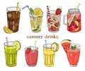 Set of non-alcoholic summer drinks. Lemon, strawberry, raspberry, watermelon, banana and kiwi.