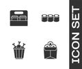 Set Noodles in box, Coffee cup to go, Chicken leg package and Sushi icon. Vector
