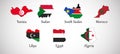 Set of North Africa country maps with flags isolated on gray background, vector illustration