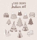 Set of North American Indian tipi homes with tribal ornament hand drawn with ink, elements of forest and mountains, bear and field