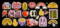 Set of nostalgic pop art sticker pack. Collection of funny and cute emoji and vintage lettering badges and graphic elements